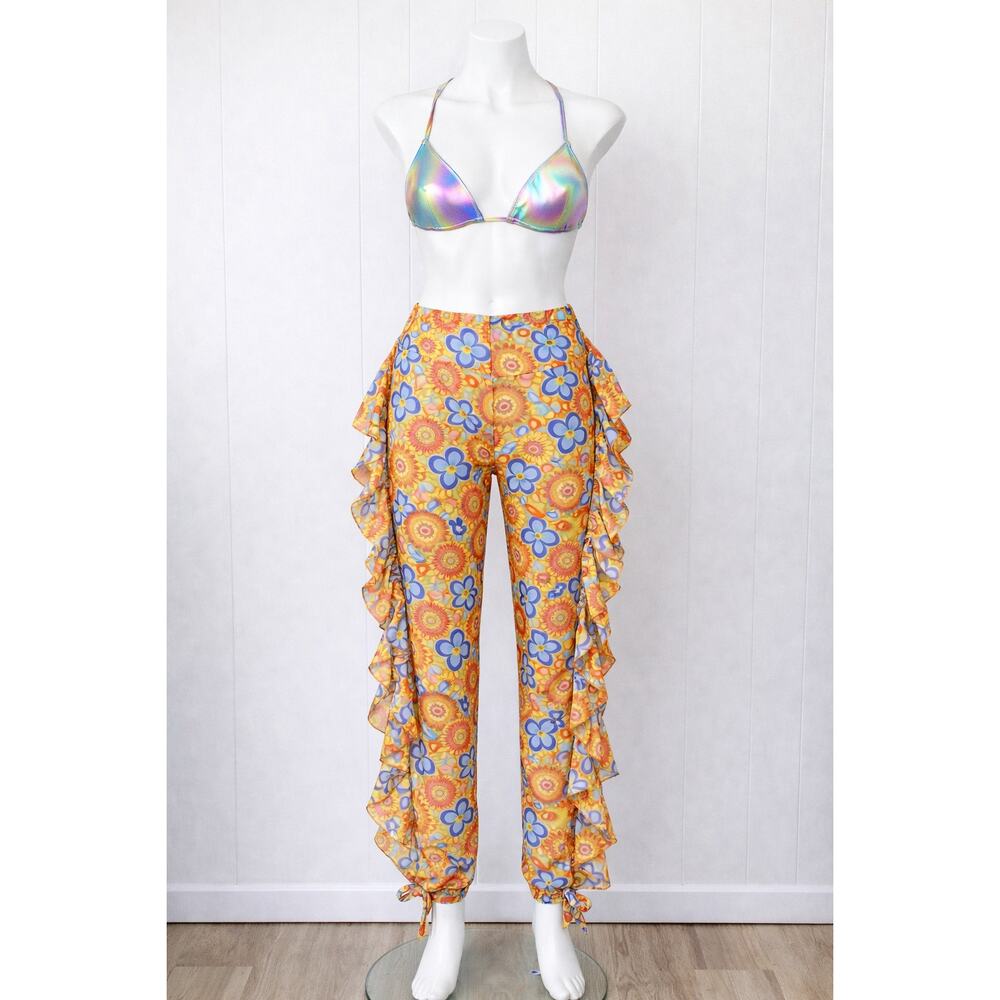Sheer Psychedelic Mesh Pants 70s Beach Cover Up Festival Rave Resort 12/14 Large